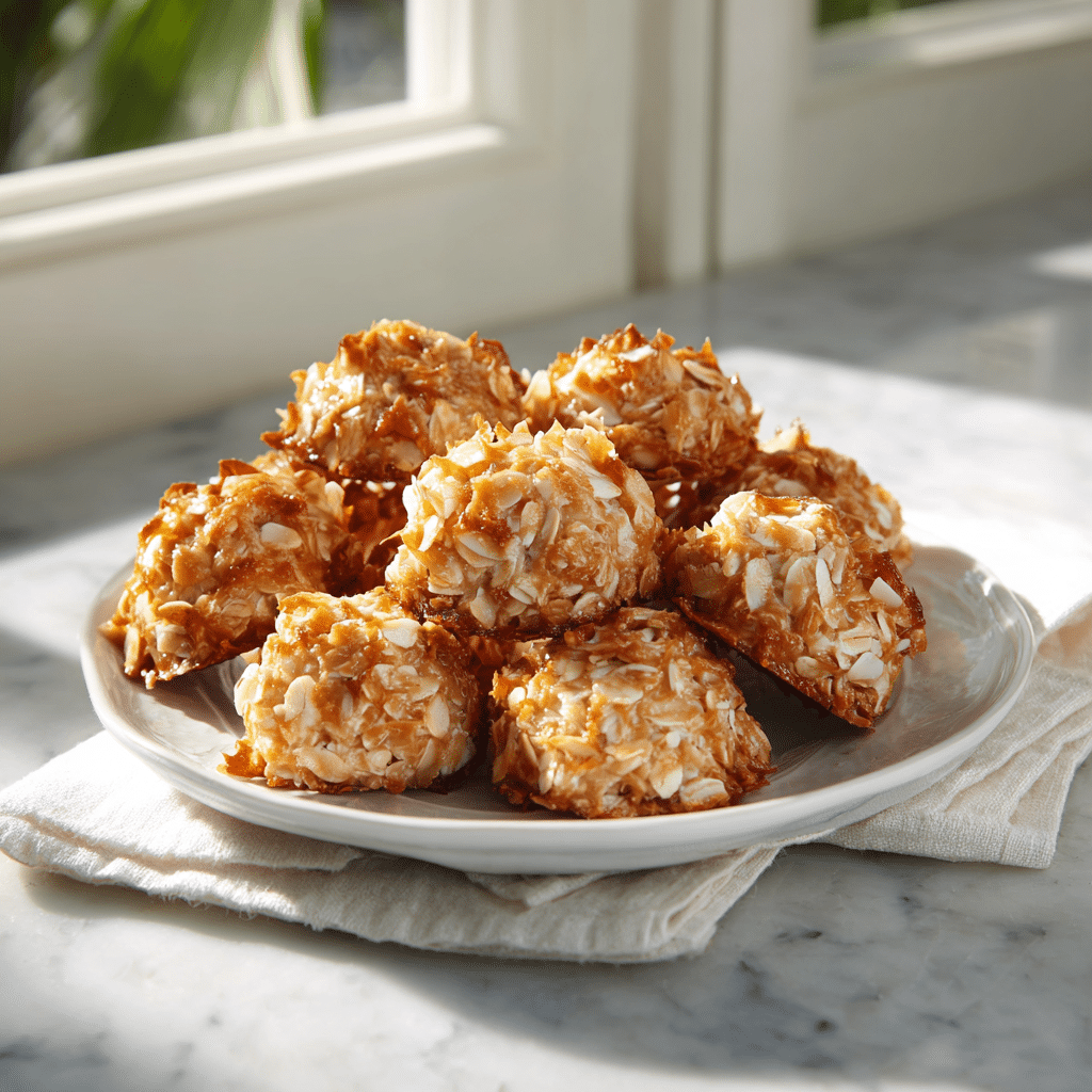 Easy Caramel Coconut No-Bake Cookies | Quick Treats in 30 Minutes 5 Delicious caramel coconut no-bake cookies on a plate ready to enjoy