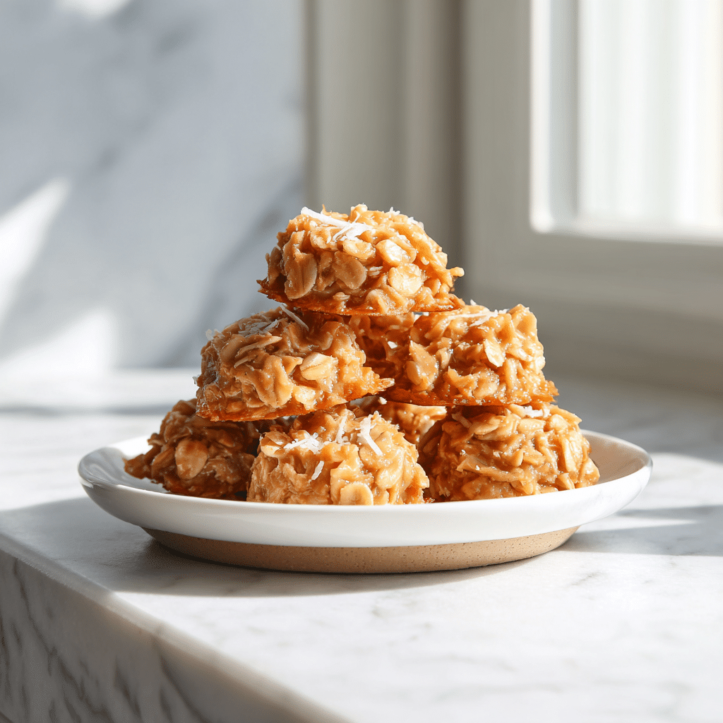 Easy Caramel Coconut No-Bake Cookies | Quick Treats in 30 Minutes 6 Delicious caramel coconut no-bake cookies on a plate ready to enjoy