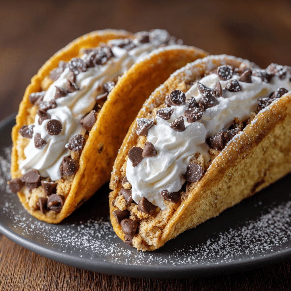 Easy Cheesecake Cookie Dough Tacos 6 Easy cheesecake tacos filled with cookie dough topping on a plate