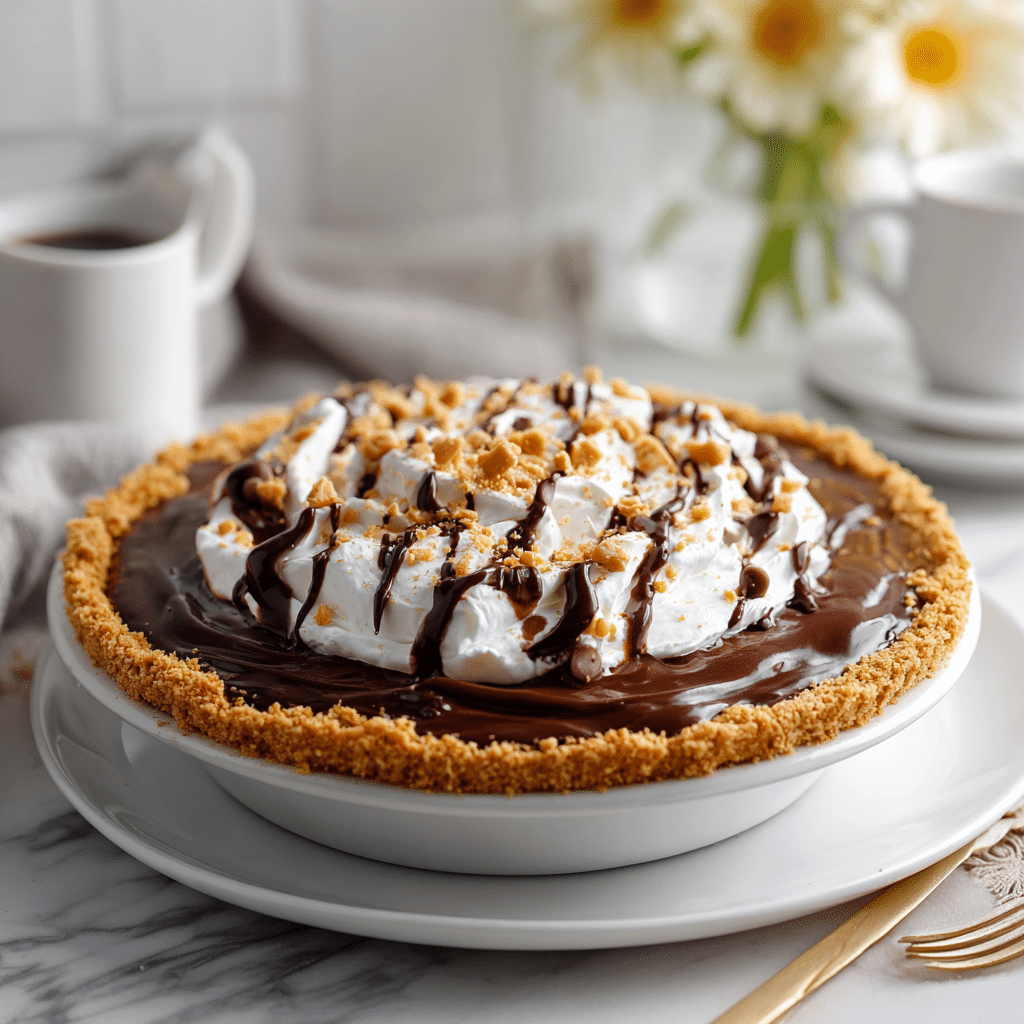 No-bake chocolate peanut butter pie with creamy filling and chocolate topping