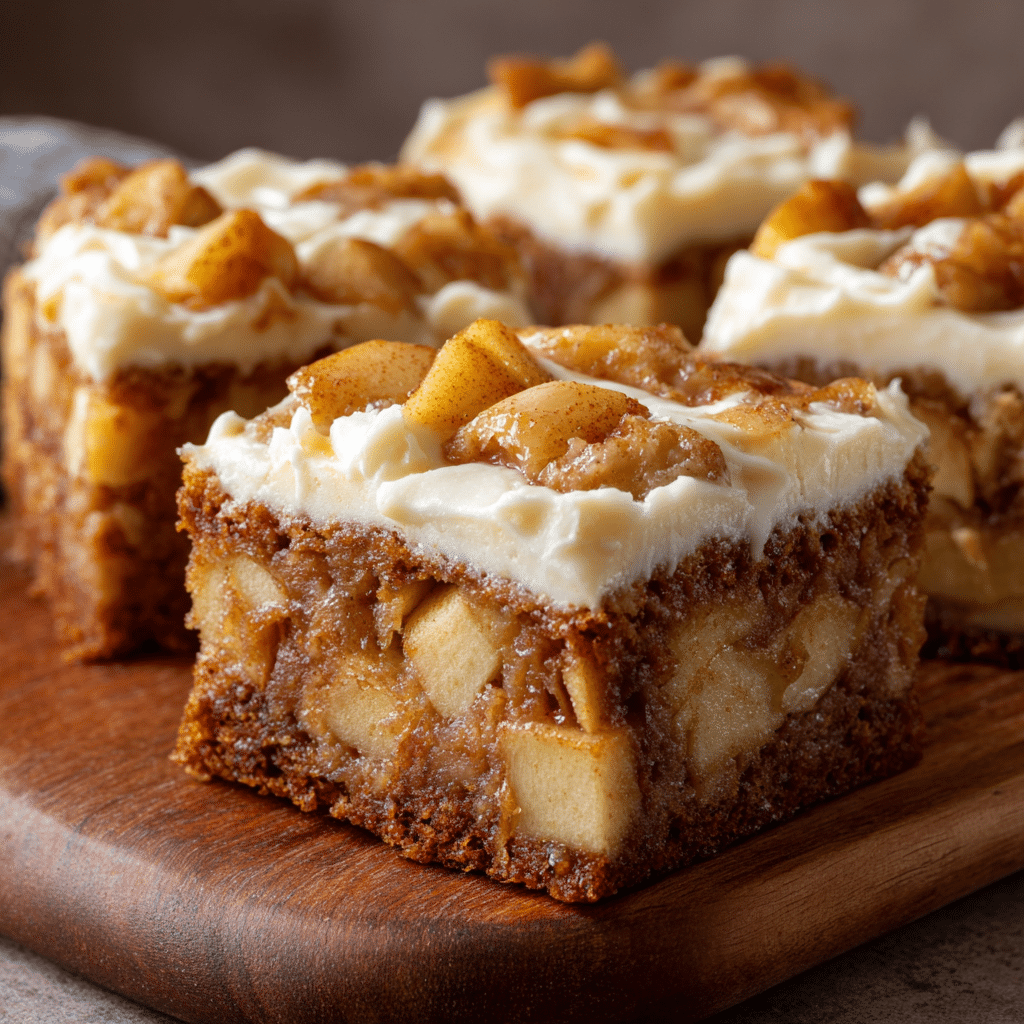 Cinnamon Blondies with Caramelized Apples and Cream Cheese Frosting 6 Cinnamon Blondies with caramelized apples and cream cheese frosting served on a plate