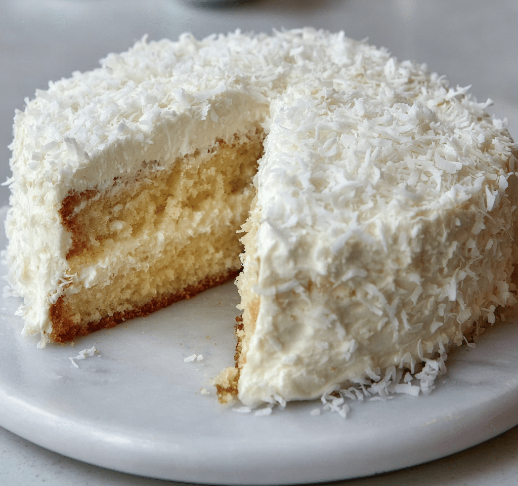 Delicious homemade Coconut Cake topped with shredded coconut and frosting