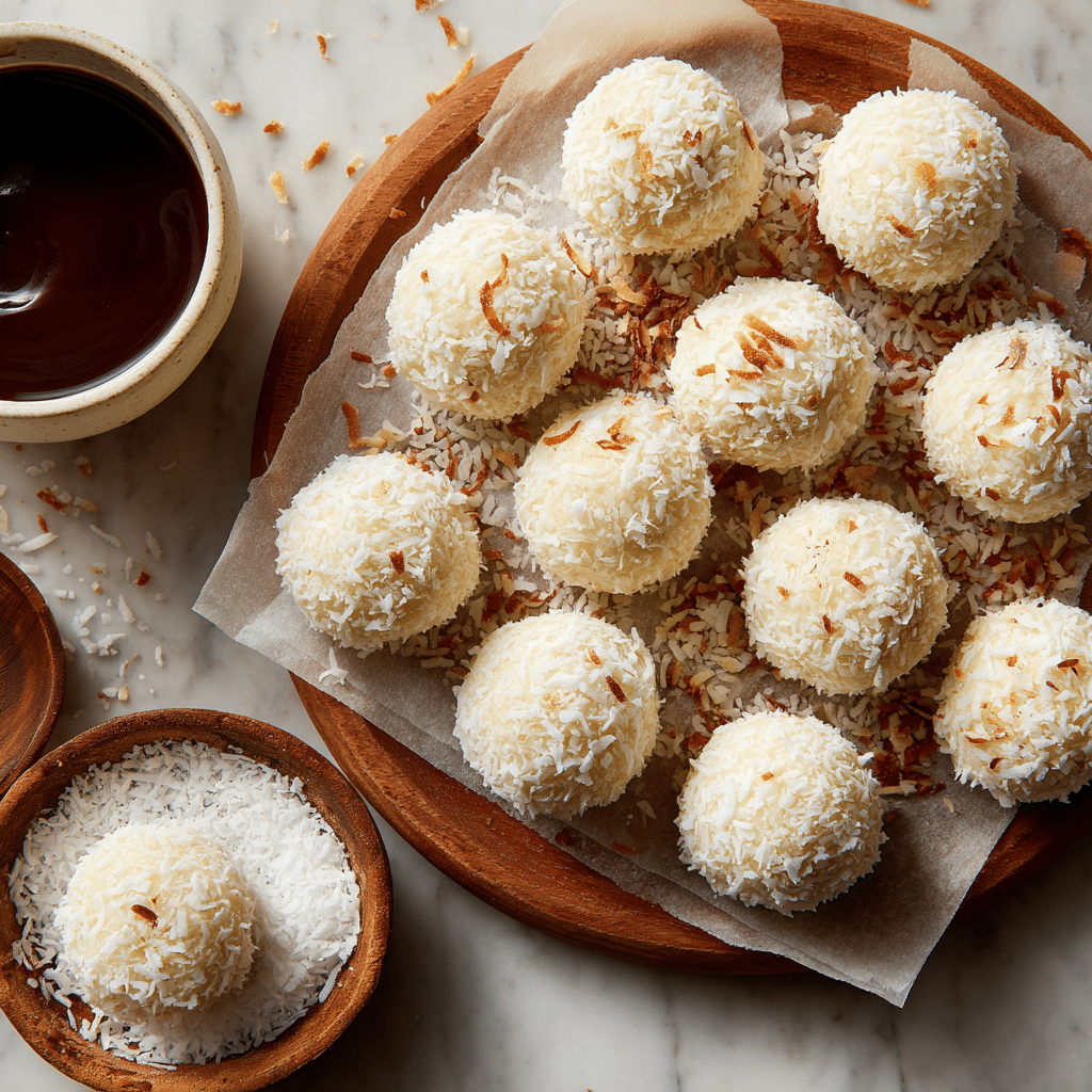 Coconut Cream Truffles – Easy No-Bake Holiday Treats 6 Coconut cream truffles arranged on a festive holiday platter