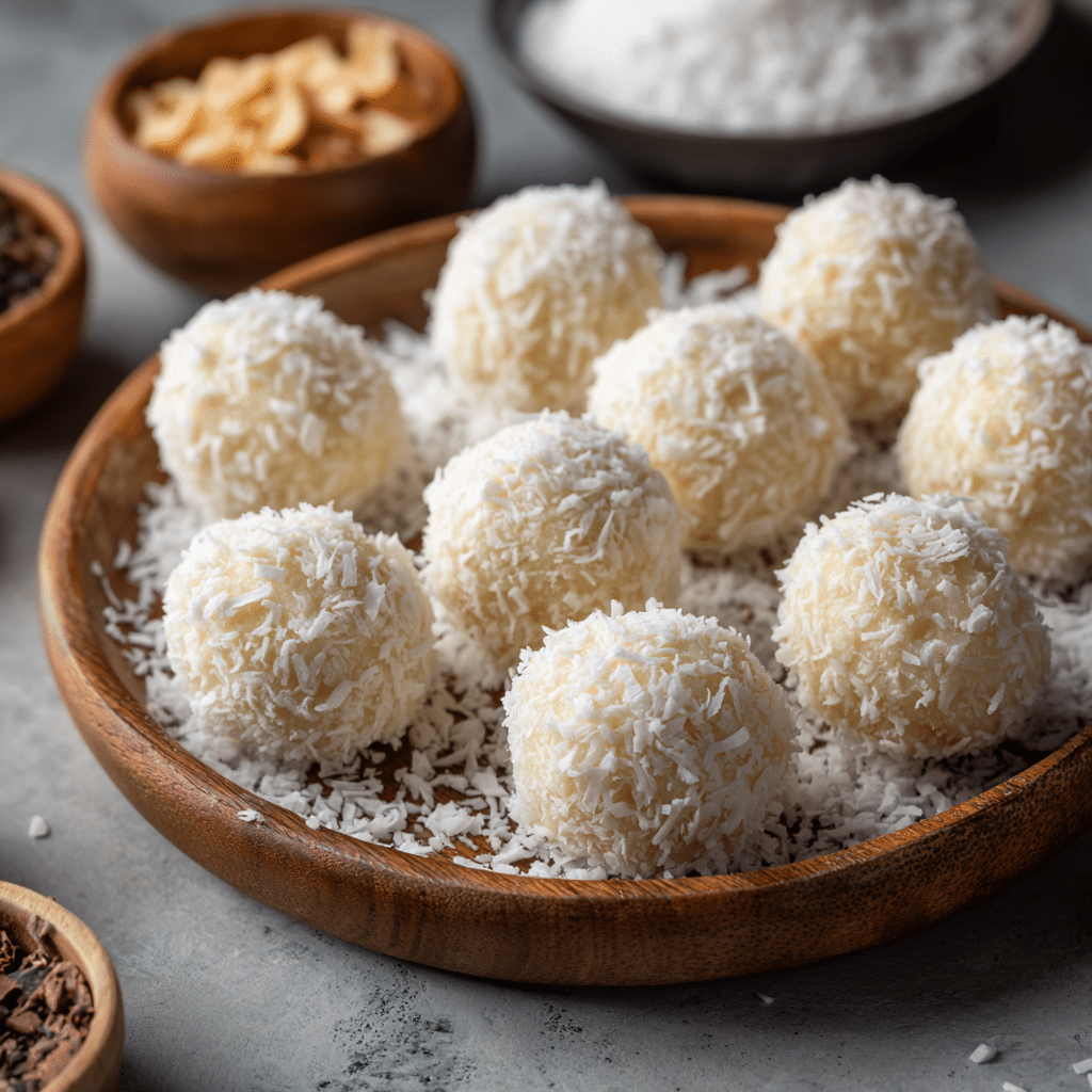 Coconut Cream Truffles – Easy No-Bake Holiday Treats 5 Coconut cream truffles arranged on a festive holiday platter