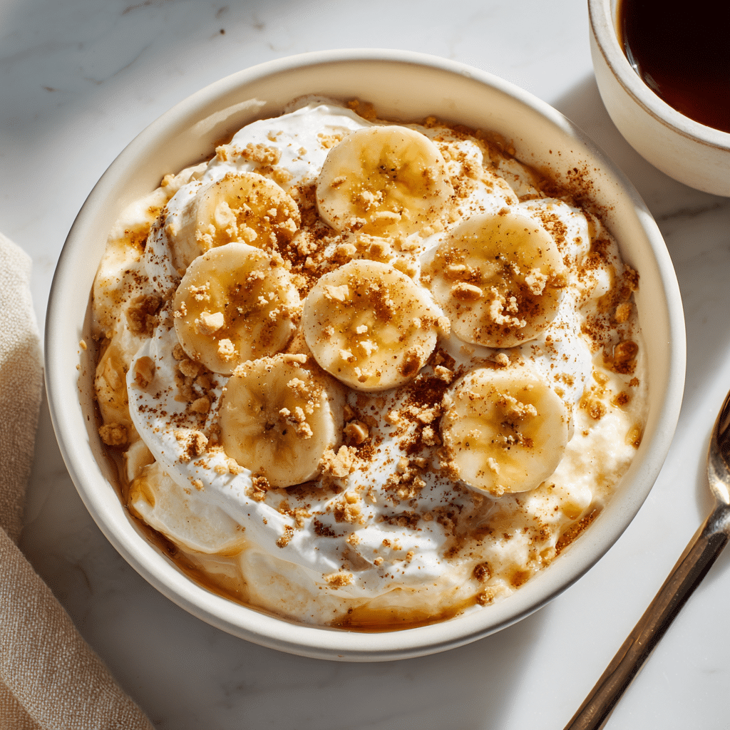 Cottage Cheese Banana Pudding – Creamy, Healthy & Easy Dessert 6 Delicious cottage cheese banana pudding topped with banana slices.