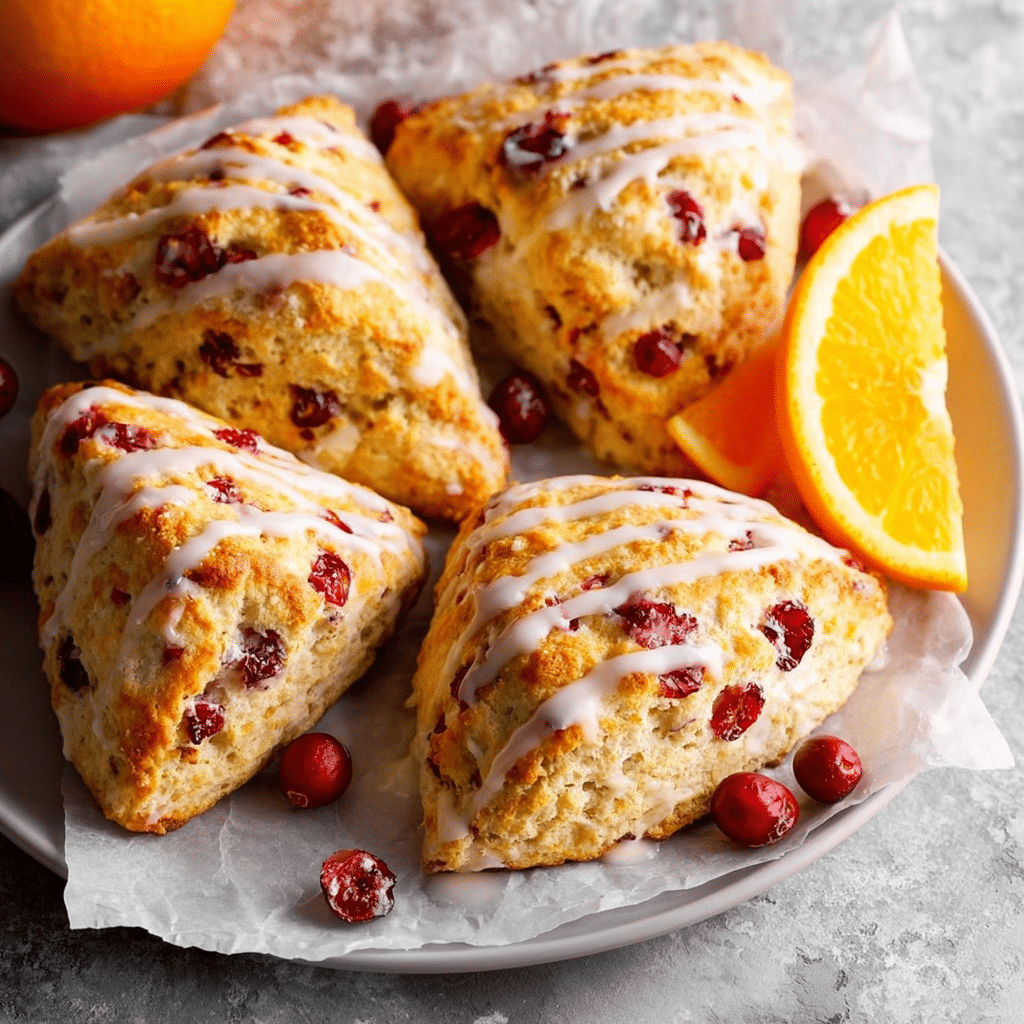 Easy Cranberry Orange Scones | Soft, Buttery & Perfect for Brunch 5 Freshly baked cranberry orange scones on a plate