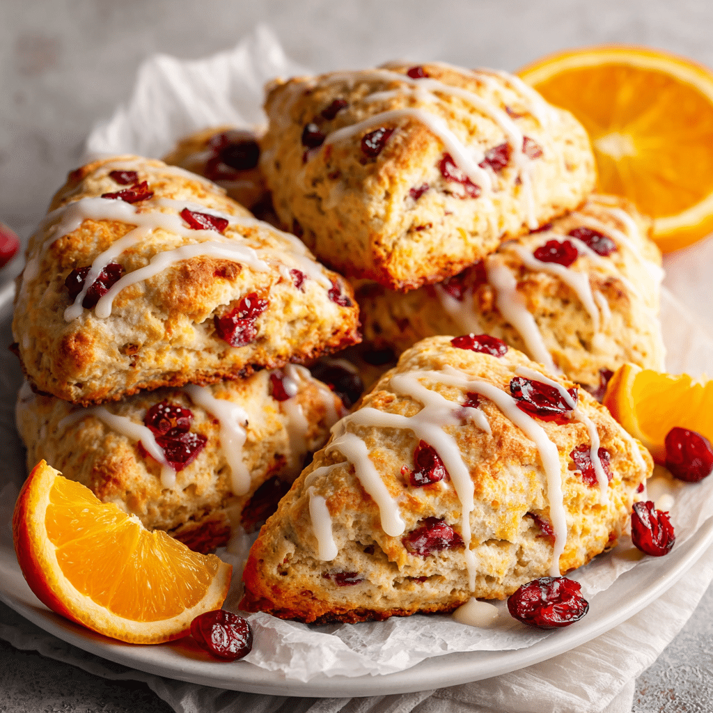 Easy Cranberry Orange Scones | Soft, Buttery & Perfect for Brunch 4 Freshly baked cranberry orange scones on a plate