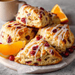 Easy Cranberry Orange Scones | Soft, Buttery & Perfect for Brunch 7 Freshly baked cranberry orange scones on a plate