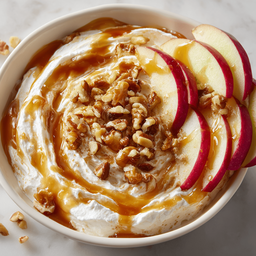 Cream Cheese Caramel Apple Dip – Easy, Sweet & Perfect for Fall 5 Cream cheese caramel apple dip served with sliced apples