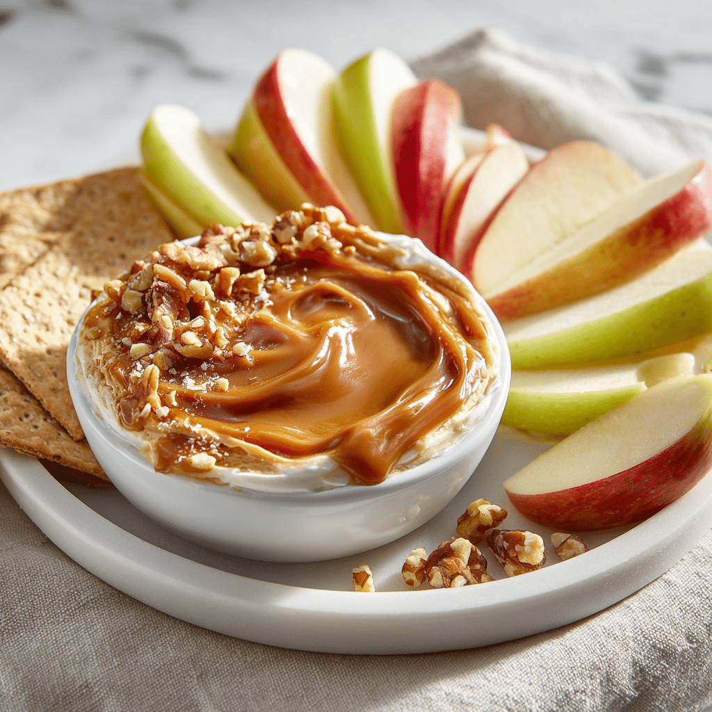 Cream Cheese Caramel Apple Dip – Easy, Sweet & Perfect for Fall 6 Cream cheese caramel apple dip served with sliced apples