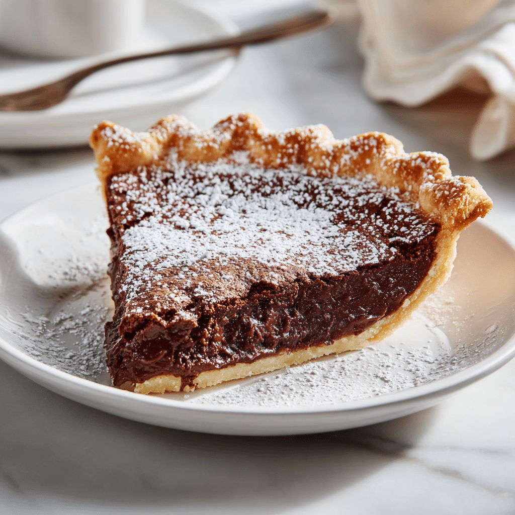 Easy Dark Chocolate Chess Pie Recipe | Old-Fashioned Favorite 6 Delicious Dark Chocolate Chess Pie slice on a white plate