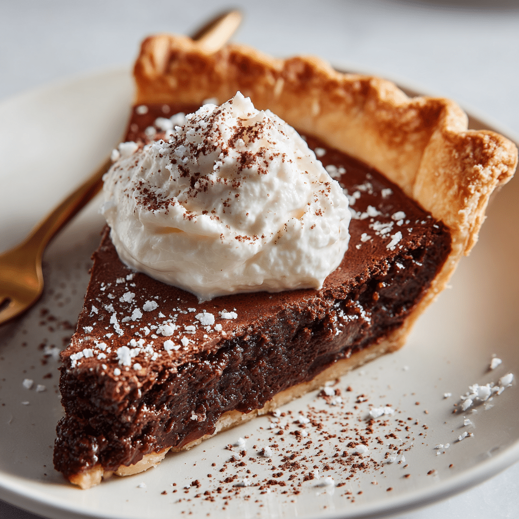 Easy Dark Chocolate Chess Pie Recipe | Old-Fashioned Favorite 4 Delicious Dark Chocolate Chess Pie slice on a white plate