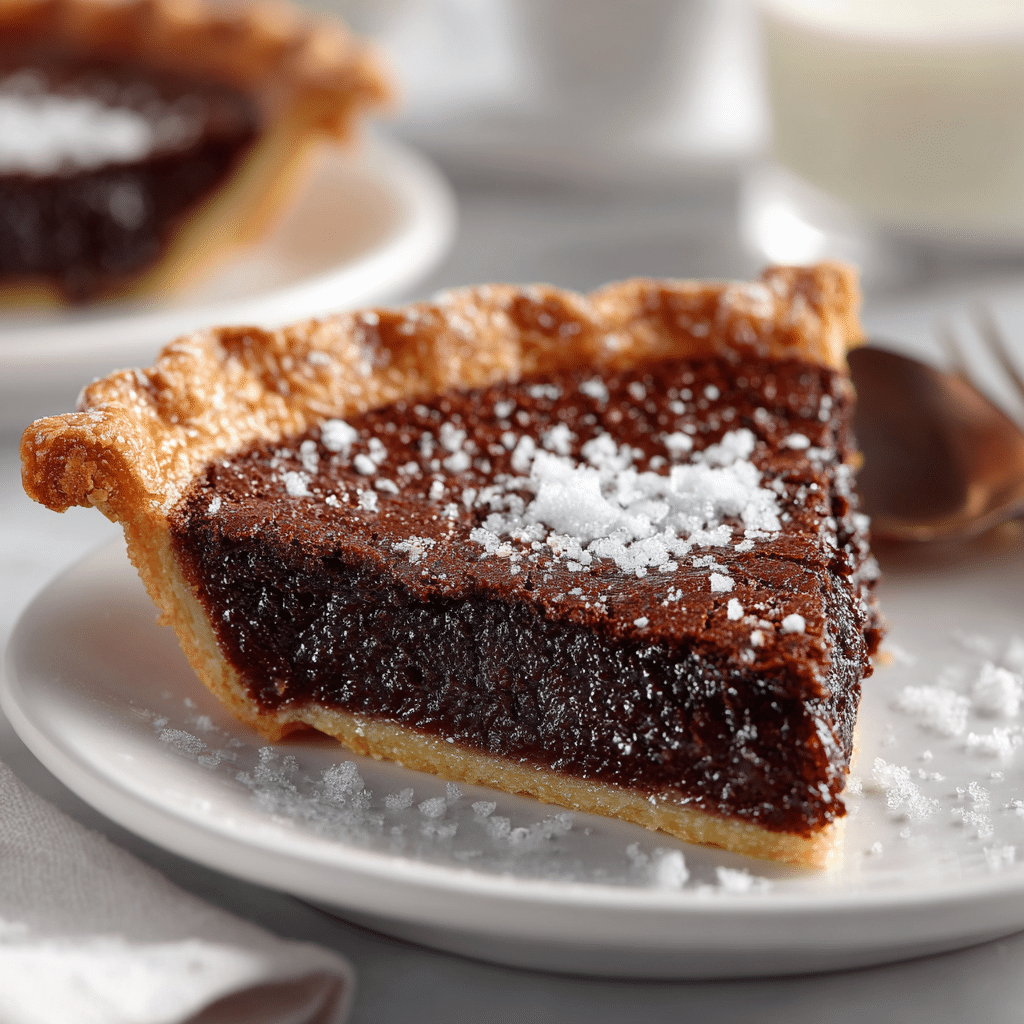 Easy Dark Chocolate Chess Pie Recipe | Old-Fashioned Favorite 5 Delicious Dark Chocolate Chess Pie slice on a white plate