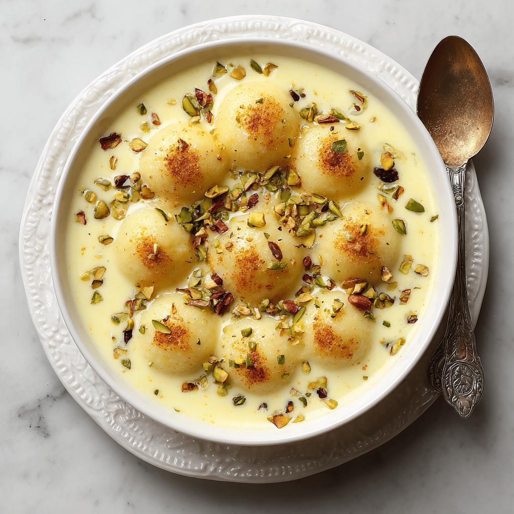 Custard Rasgullas: Soft, Creamy Indian Dessert with a Modern Twist 6 Delicious custard rasgullas served in a bowl, a fusion of sweets and desserts