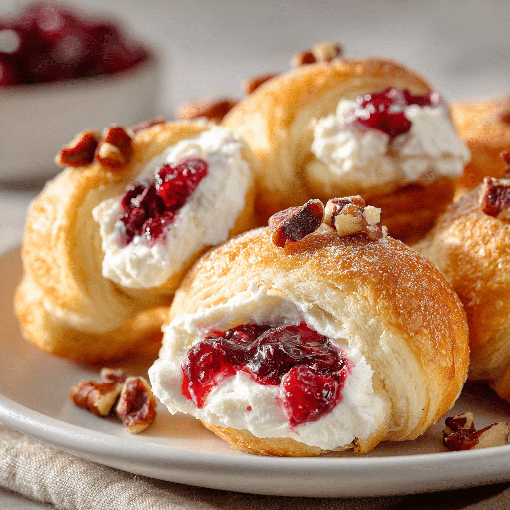 Easy Cranberry Cream Cheese Crescent Bites | Festive Snack Recipe 5 Cranberry Cream Cheese Crescent Bites ready to serve on a festive platter.