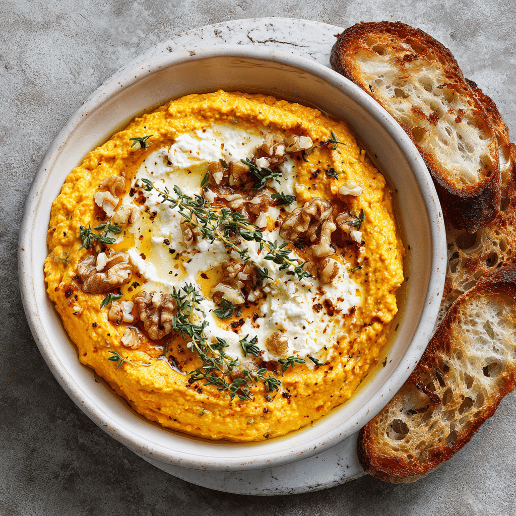 Pumpkin Whipped Feta Dip | Sweet, Savory & Simple 5 Creamy Pumpkin Whipped Feta Dip served in a bowl with crackers