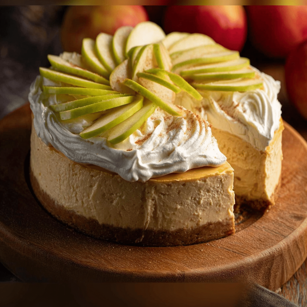 Festive Apple Cider Cheesecake Recipe | Easy Fall Baking 4 Slice of apple cider cheesecake topped with apples and caramel drizzle