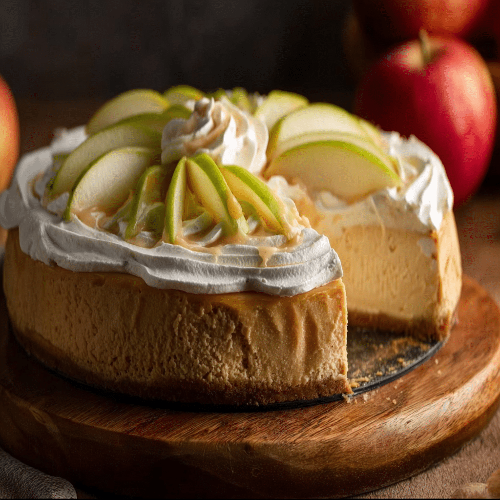 Festive Apple Cider Cheesecake Recipe | Easy Fall Baking 6 Slice of apple cider cheesecake topped with apples and caramel drizzle