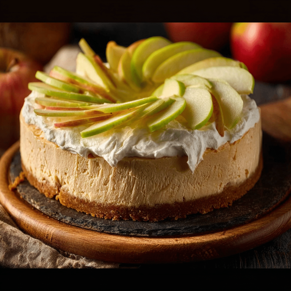 Festive Apple Cider Cheesecake Recipe | Easy Fall Baking 5 apple cider cheesecake topped with apples and caramel drizzle