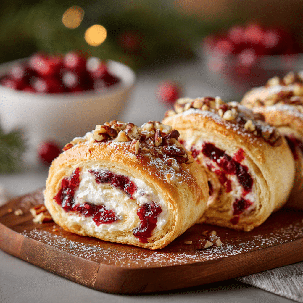 Festive Cranberry Crescent Roll Ups – Sweet Holiday Snack Idea 6 Festive Cranberry Roll Ups served on a holiday platter