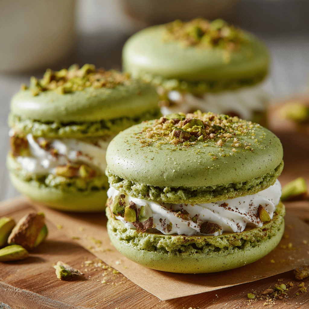 French Pistachio Macarons – Elegant & Delicious Treat 6 Delicious Pistachio Macarons with a nutty flavor and vibrant green color