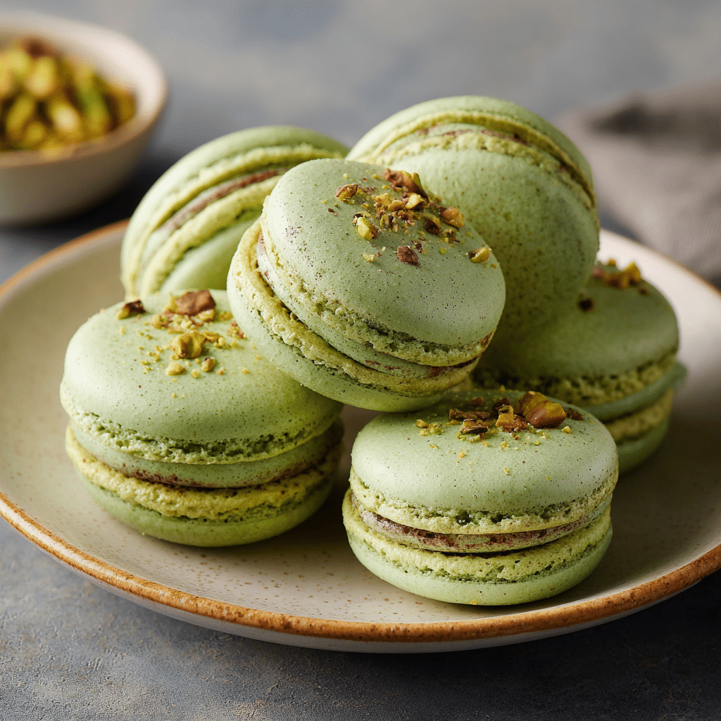 French Pistachio Macarons – Elegant & Delicious Treat 5 Delicious Pistachio Macarons with a nutty flavor and vibrant green color