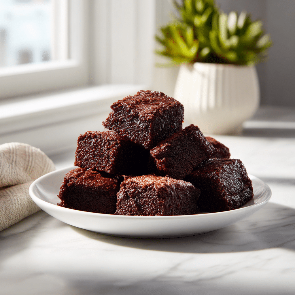 Easy Fudgy Espresso Brownie Bites | Bite-Sized Chocolate & Coffee Bliss 5 Fudgy espresso brownie bites topped with coffee sprinkles on a plate.