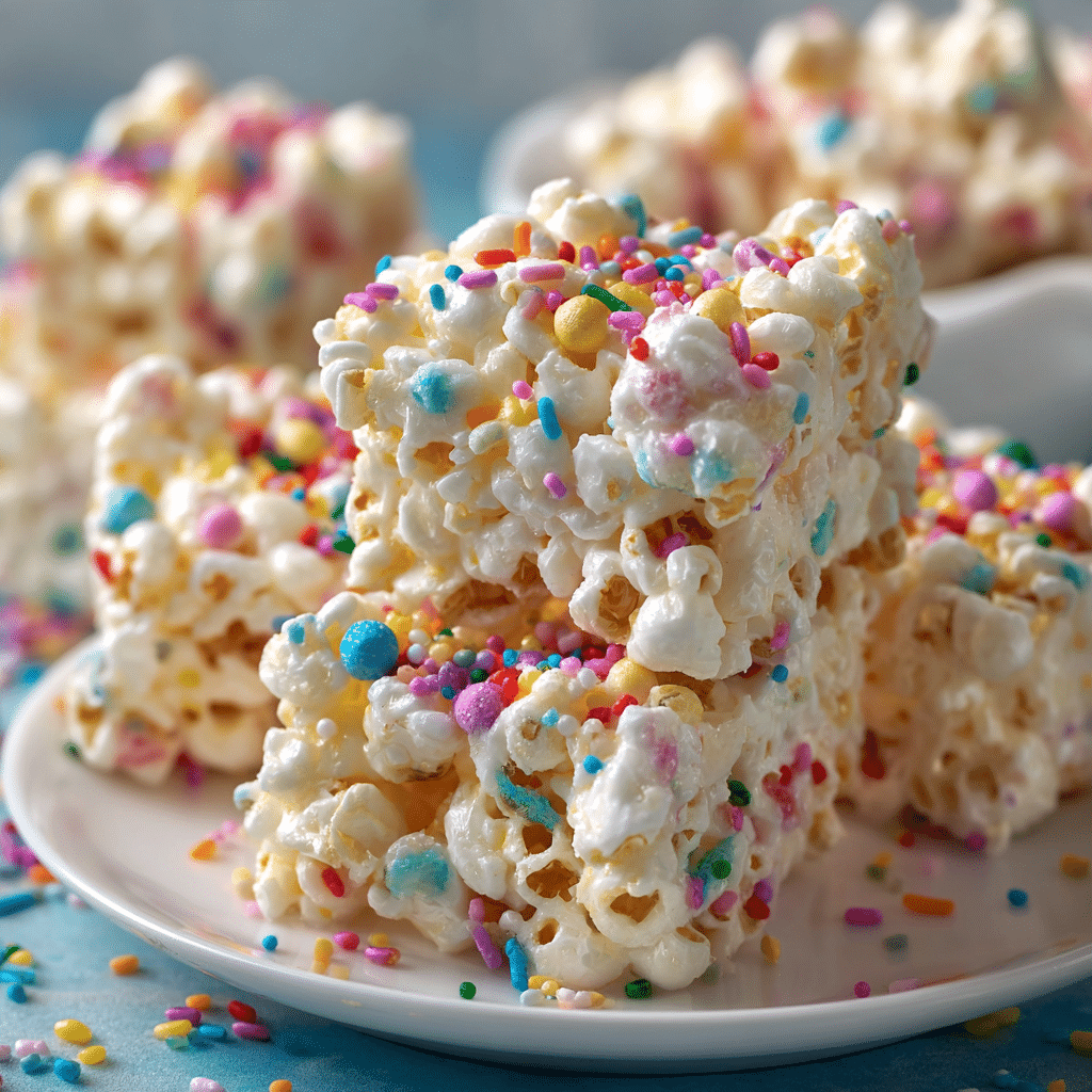 Funfetti Marshmallow Popcorn Treats – Easy, Colorful & Sweet Snack Idea 5 Colorful Funfetti Marshmallow Popcorn Treats on a festive plate