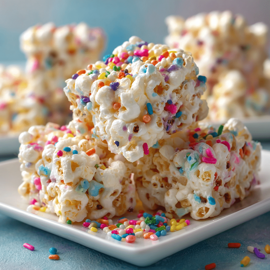 Funfetti Marshmallow Popcorn Treats – Easy, Colorful & Sweet Snack Idea 4 Colorful Funfetti Marshmallow Popcorn Treats on a festive plate