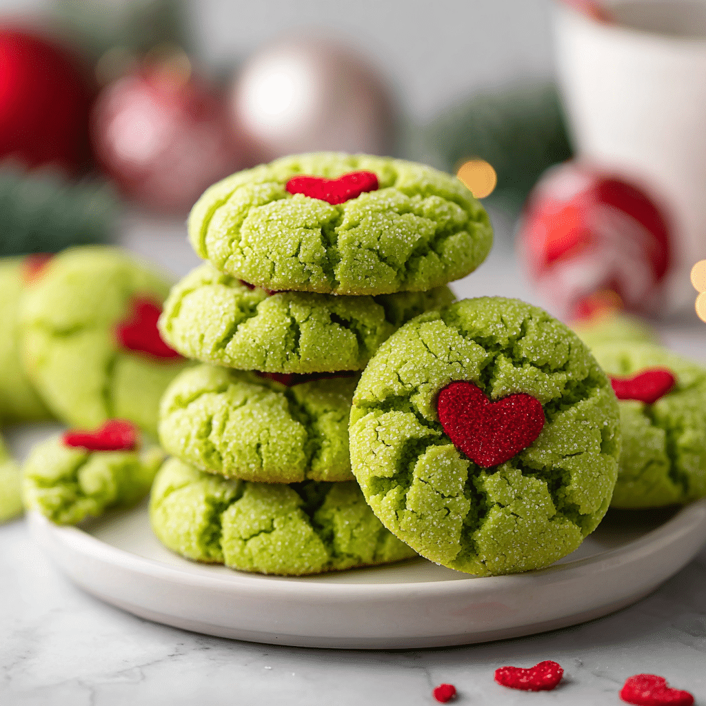 Delicious Grinch Crinkle Cookies on a festive plate with holiday decorations