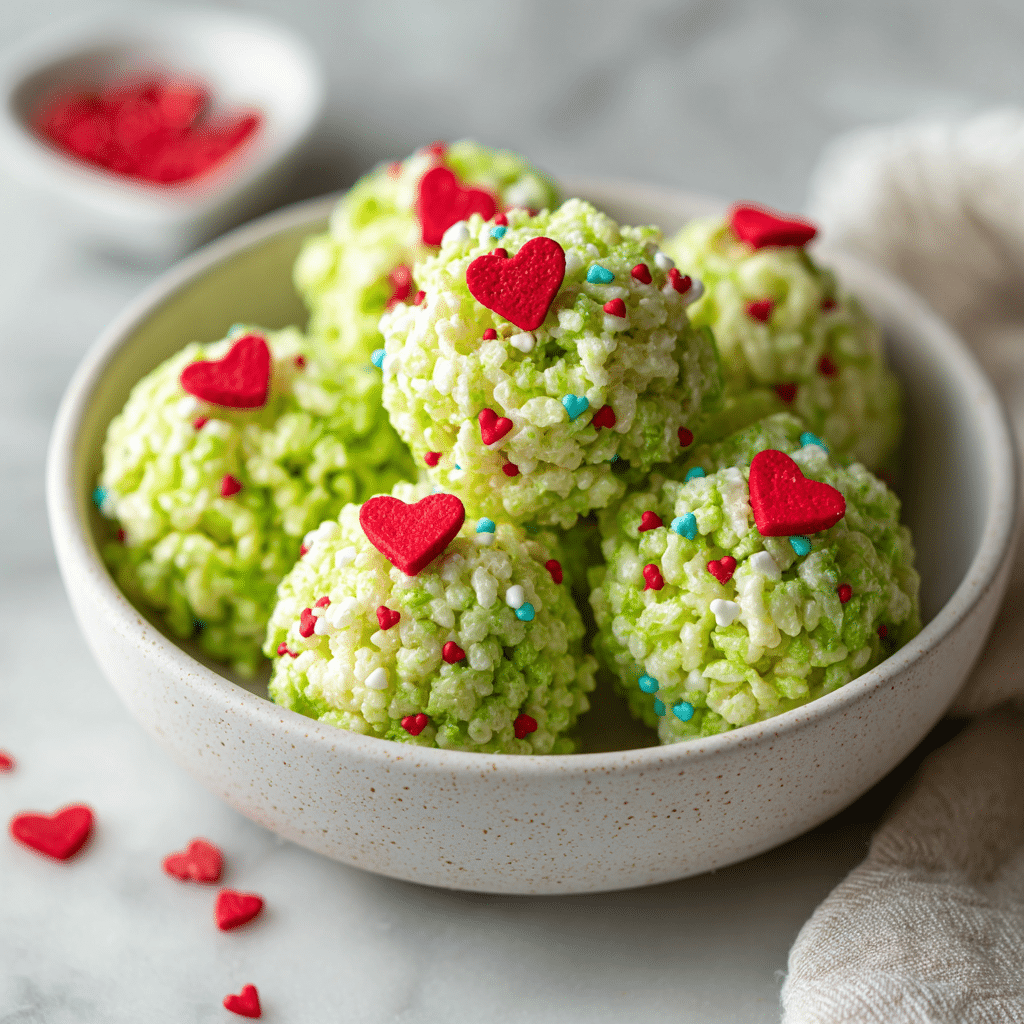 Grinch Rice Krispie Treat Bites: A Festive and Fun Treat 6 Festive Grinch Rice Krispie Treat Bites decorated with green and red colors.