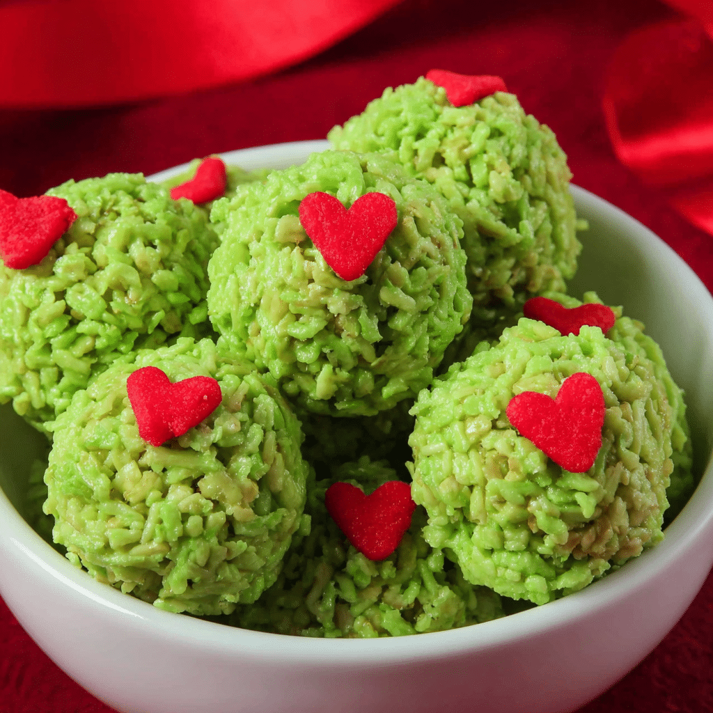 Grinch Rice Krispie Treat Bites: A Festive and Fun Treat 5 Festive Grinch Rice Krispie Treat Bites decorated with green and red colors.