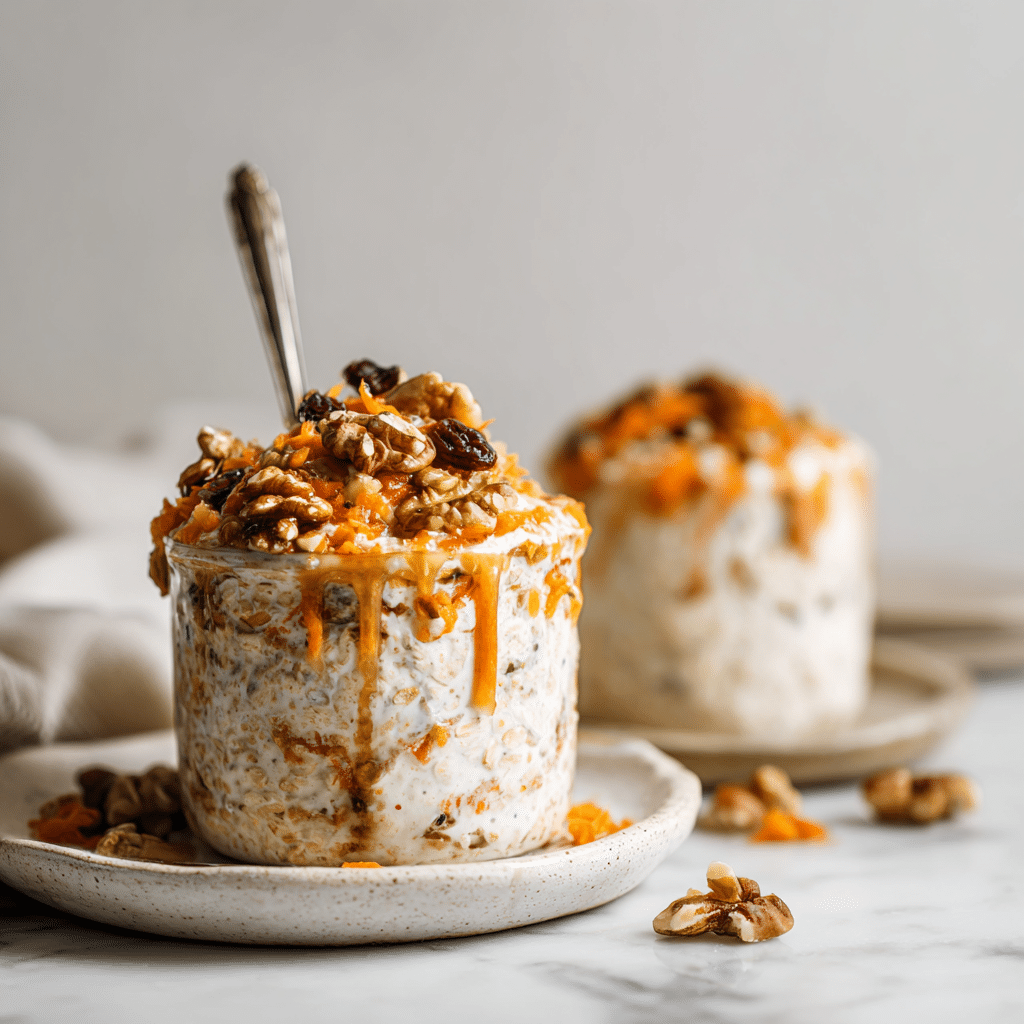 High Protein Carrot Cake Overnight Oats – Easy Make-Ahead Breakfast 5 High protein carrot cake overnight oats in a bowl topped with nuts and raisins