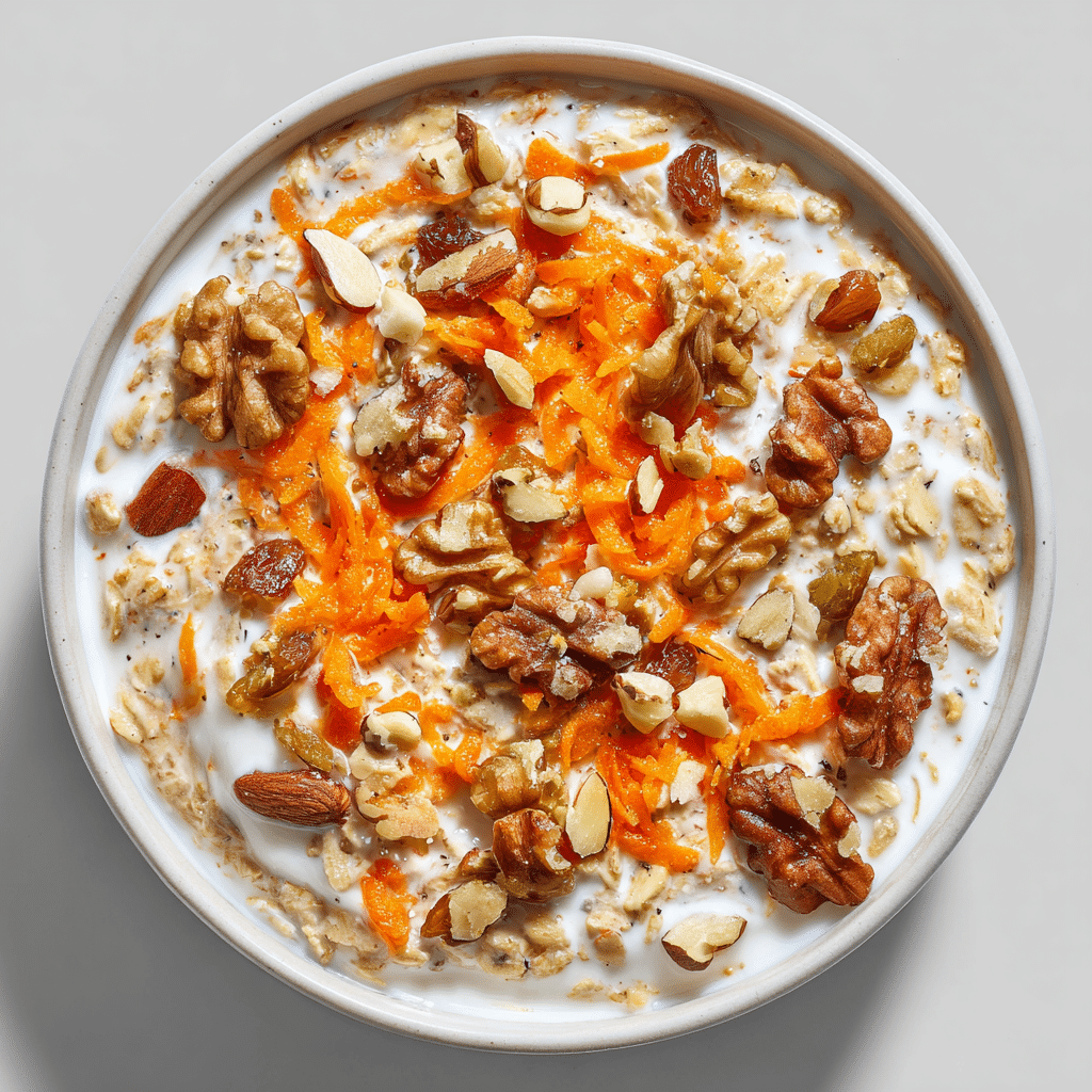 High Protein Carrot Cake Overnight Oats – Easy Make-Ahead Breakfast 6 High protein carrot cake overnight oats in a bowl topped with nuts and raisins