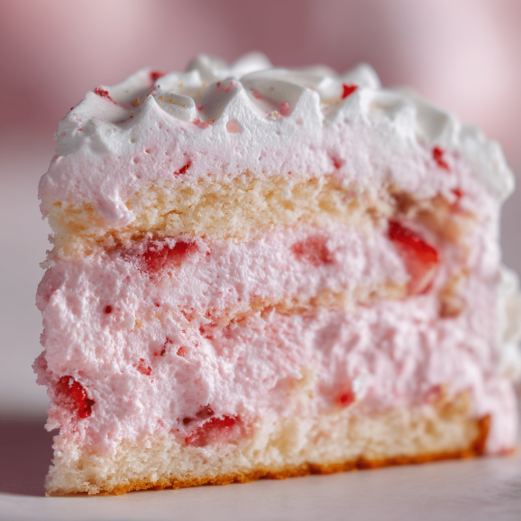 Homemade Strawberry Cake Recipe – Sweet, Simple & Delicious 6 Close-up of a slice of strawberry cake with fresh strawberry frosting and cream layers.