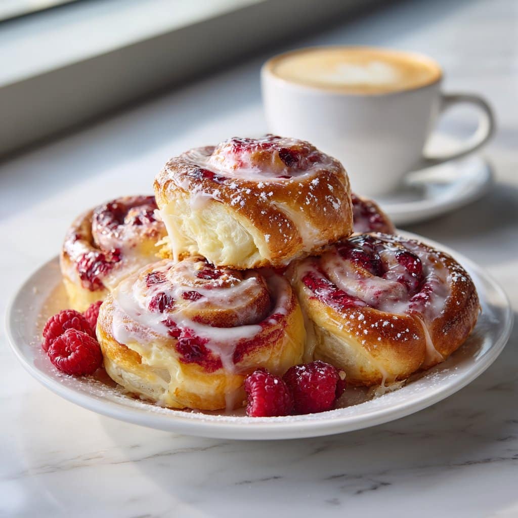 Freshly baked sourdough raspberry lemon rolls on a rustic wooden table.