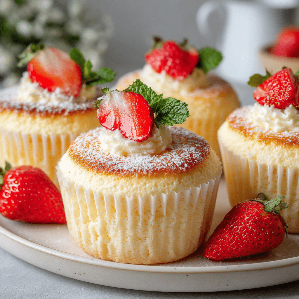 Japanese Cotton Cheesecake Cupcakes 4 Fluffy Japanese Cotton Cheesecake Cupcakes topped with cream and fruit