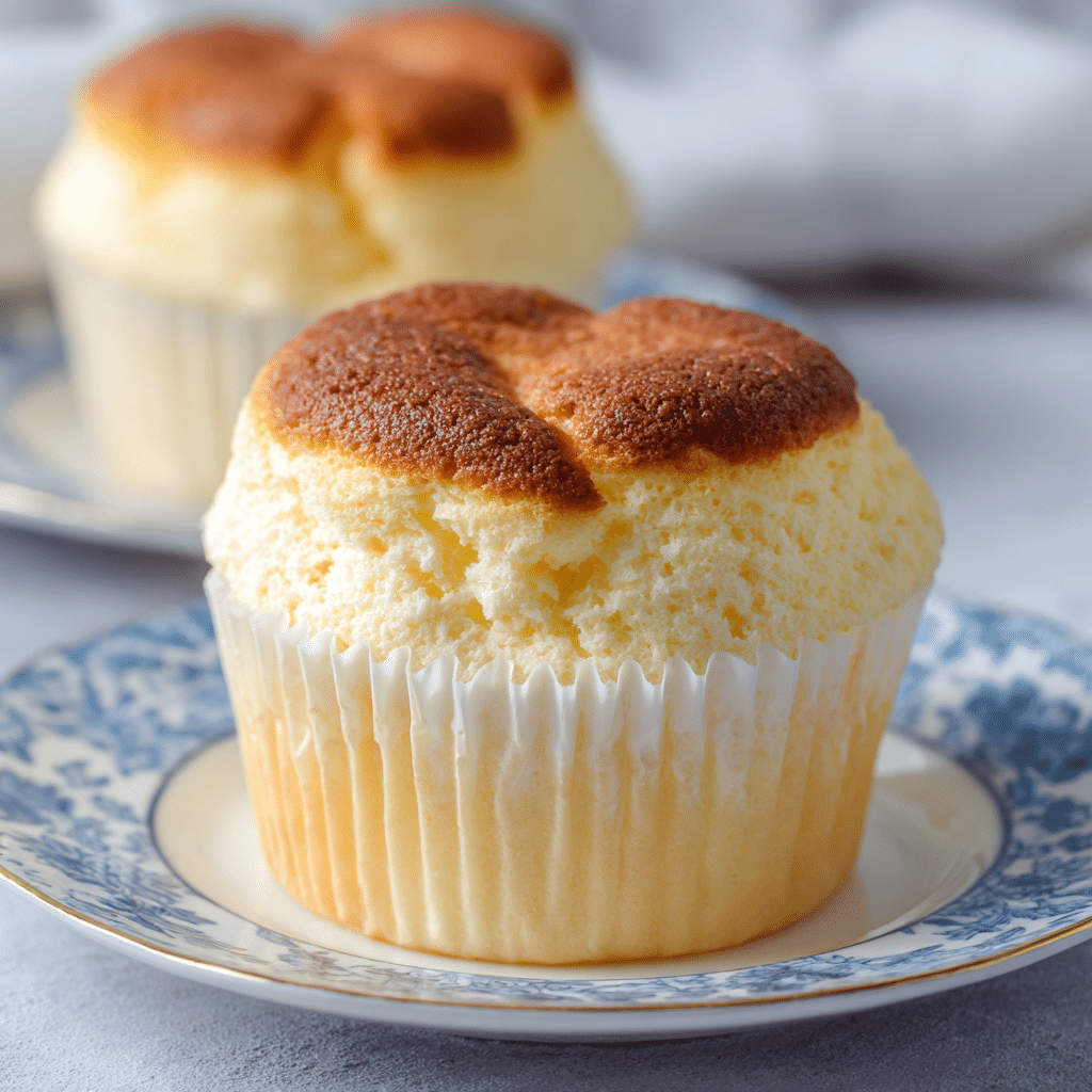 Japanese Cotton Cheesecake Cupcakes 5 Fluffy Japanese Cotton Cheesecake Cupcakes topped with cream and fruit