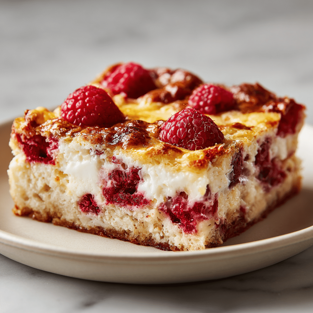 Easy Lemon Raspberry Cottage Cheese Bake | Healthy Protein Dessert 4 Lemon Raspberry Cottage Cheese Bake topped with fresh raspberries and lemon zest.