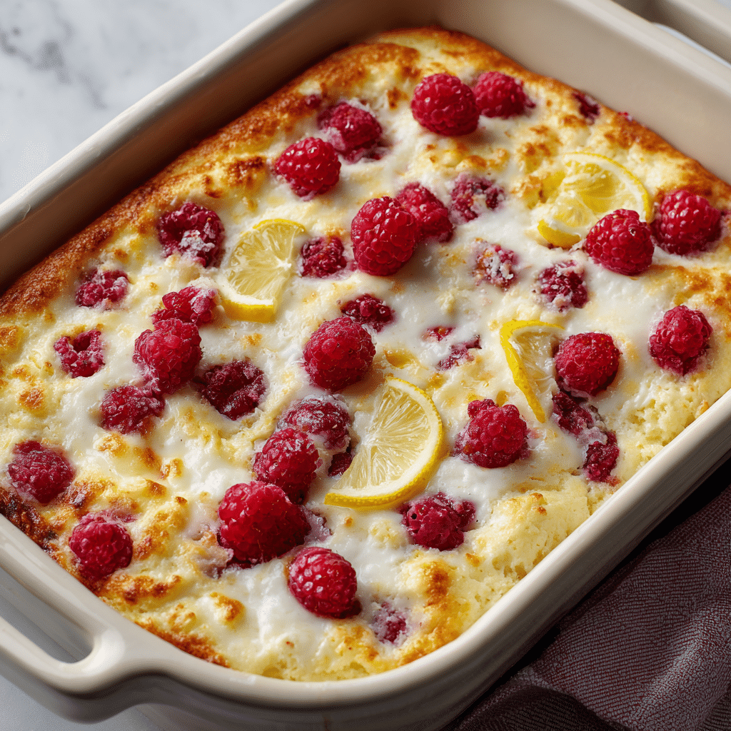 Easy Lemon Raspberry Cottage Cheese Bake | Healthy Protein Dessert 6 Lemon Raspberry Cottage Cheese Bake topped with fresh raspberries and lemon zest.