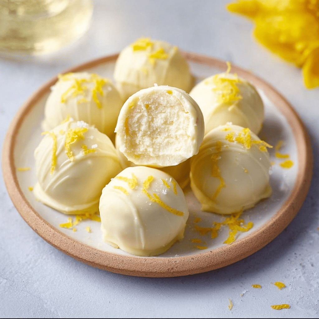 Creamy Lemon Truffles – Easy No-Bake Dessert with Zesty Flavor 4 Delicious creamy lemon truffles topped with a dusting of powdered sugar