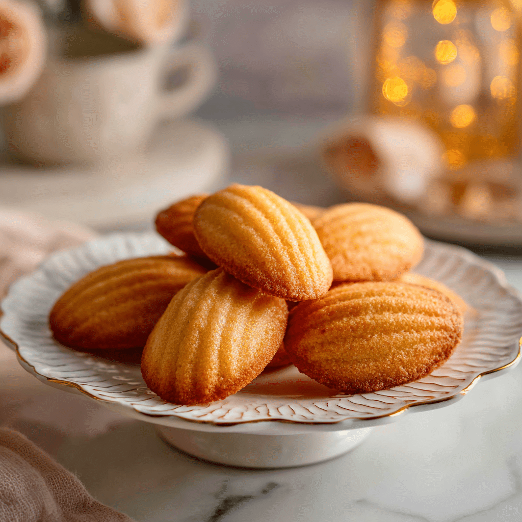 Classic Madeleines – Buttery French Sponge Cakes Made Easy 13 A plate of golden brown madeleines, the classic French tea cakes.