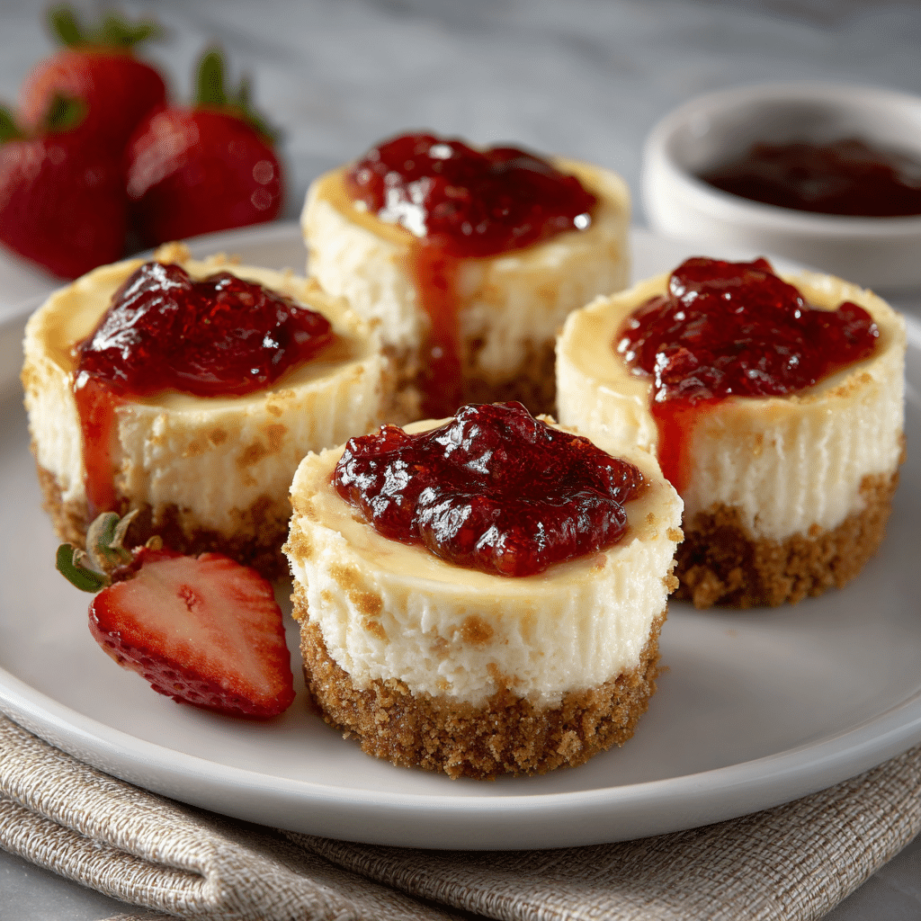 Mini Cheesecakes – Easy, Creamy, and Perfect for Any Occasion 5 Delicious mini cheesecakes displayed for a festive occasion