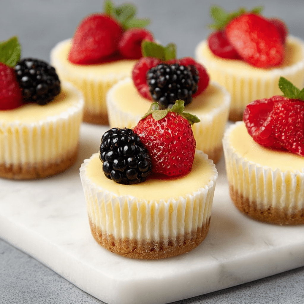 Mini Cheesecakes – Easy, Creamy, and Perfect for Any Occasion 6 Delicious mini cheesecakes displayed for a festive occasion