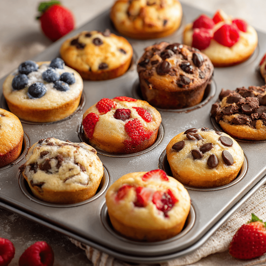 Mini Muffins – Soft, Fluffy, and Perfect for Breakfast or Snacks 6 Freshly baked mini muffins on a wooden table