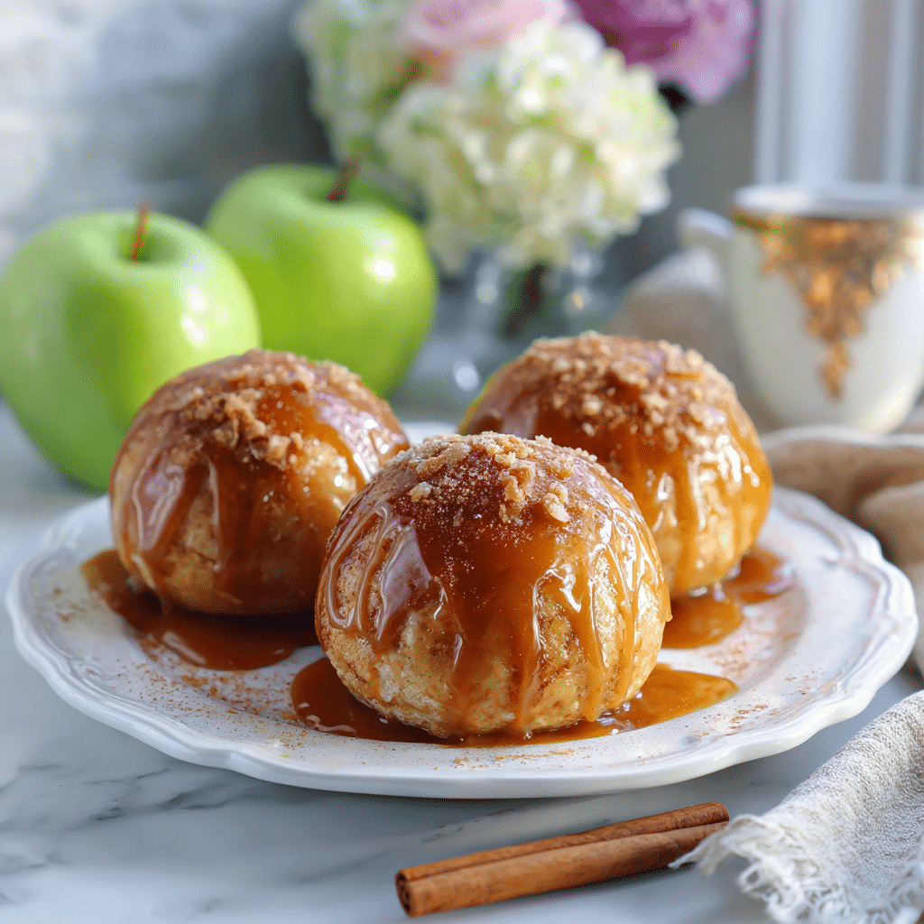 Caramel Apple Pie Bombs – Easy Gooey Dessert You’ll Love 6 Delicious caramel apple pie bombs stacked on a plate with caramel drizzle