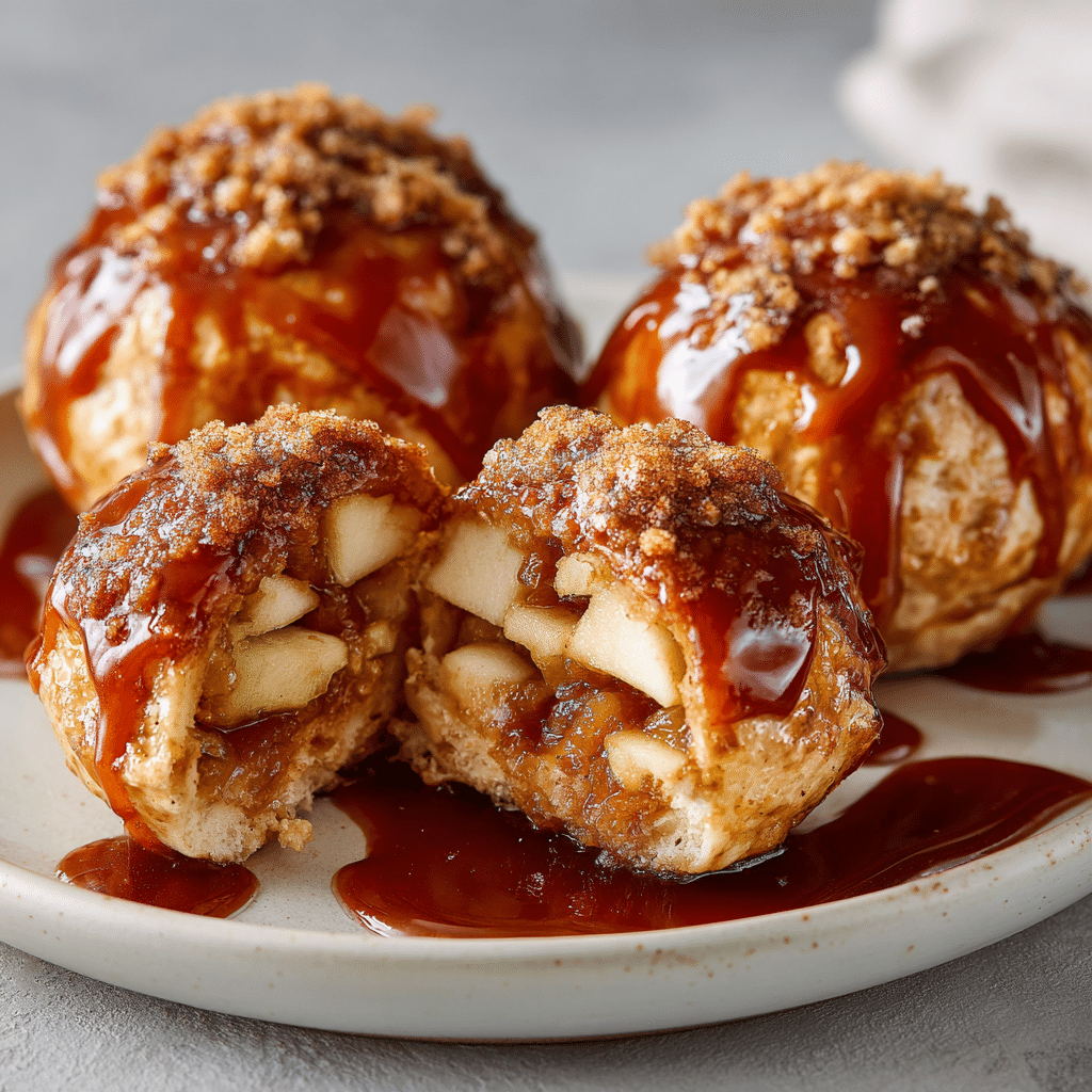 Caramel Apple Pie Bombs – Easy Gooey Dessert You’ll Love 5 Delicious caramel apple pie bombs stacked on a plate with caramel drizzle