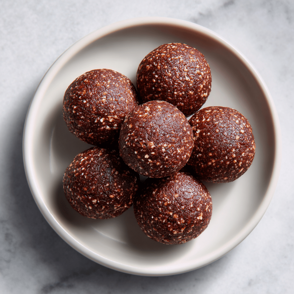 No-Bake Cottage Cheese Brownie Batter Protein Bites – Healthy & Easy Snack 5 No-bake cottage cheese brownie batter protein bites on a plate