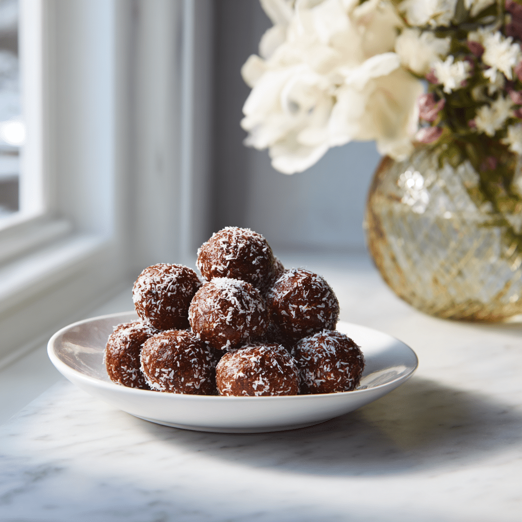 No-Bake Cottage Cheese Brownie Batter Protein Bites – Healthy & Easy Snack 6 No-bake cottage cheese brownie batter protein bites on a plate