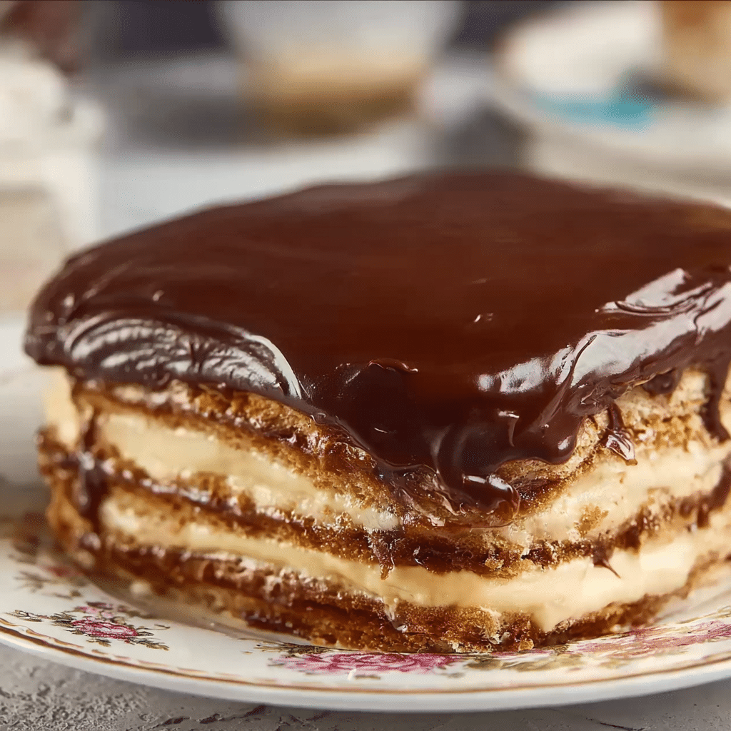 No Bake Eclair Cake – Easy, Creamy & Irresistible Dessert 6 Delicious no bake eclair cake topped with chocolate and cream layers.
